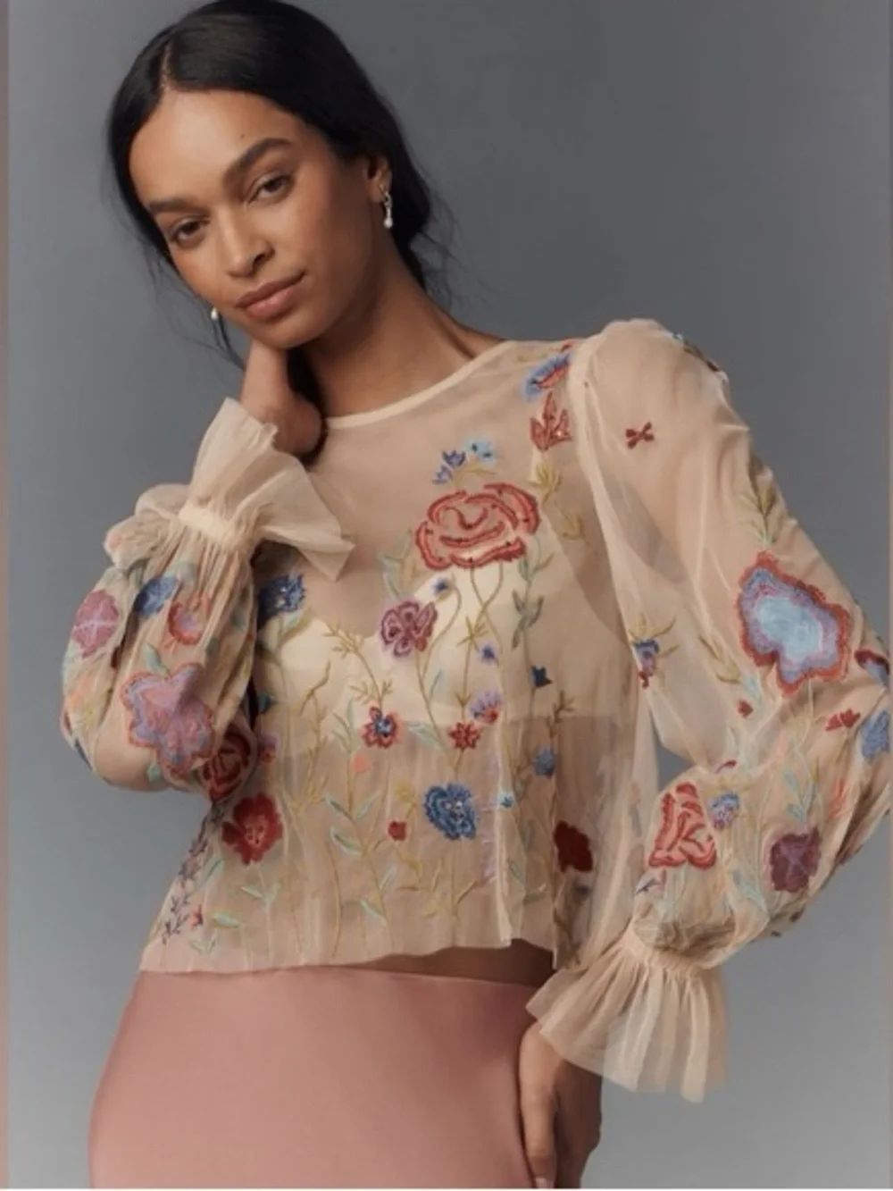 Anthropologie The Layla Long-Sleeve Appliqué Mesh Blouse Size XL